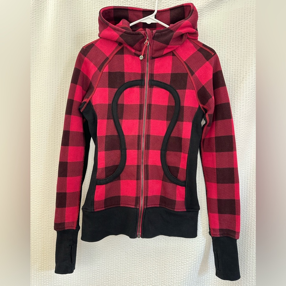 LULULEMON Scuba Hoodie Mini Camp Check Bordeaux Drama Plaid Jacket Size 2 RARE